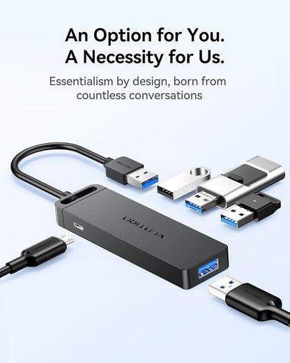 VENTION USB 3.0 Hub for Laptop- Multi USB Port Splitter, Ultra-Slim USB Extender Adapter, 4 Ports Fast Data Transfer for Laptop, MacBook, Printer, PS4, PC, Flash Drive, HDD, Wireless Mouse/Keyboard