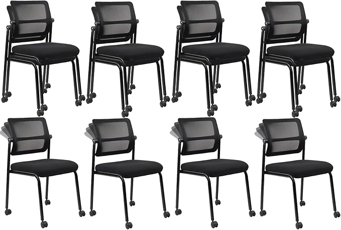 CLATINA Stackable Mesh Office Chair with Wheels Armless Guest Waiting Stacking Chair with Ergonomic Lumbar Support & Leather Seat Cushion, for Conference, Lobby, School, Reception, Black 8Pack