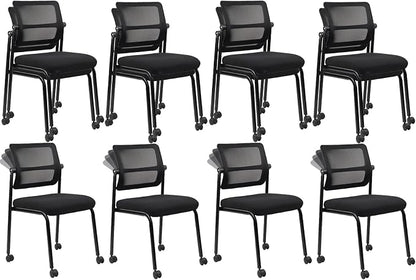 CLATINA Stackable Mesh Office Chair with Wheels Armless Guest Waiting Stacking Chair with Ergonomic Lumbar Support & Leather Seat Cushion, for Conference, Lobby, School, Reception, Black 8Pack