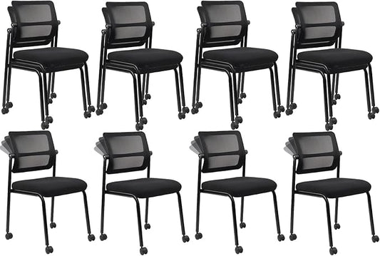 CLATINA Stackable Mesh Office Chair with Wheels Armless Guest Waiting Stacking Chair with Ergonomic Lumbar Support & Leather Seat Cushion, for Conference, Lobby, School, Reception, Black 8Pack