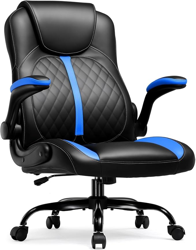 COMHOMA Office Computer Gaming Chair Ergonomic Desk Chair for Adults with Lumbar Support Flip-Up Arms Adjustable Height Swivel Wheels PU Leather Executive Design for Short People Use, Blue