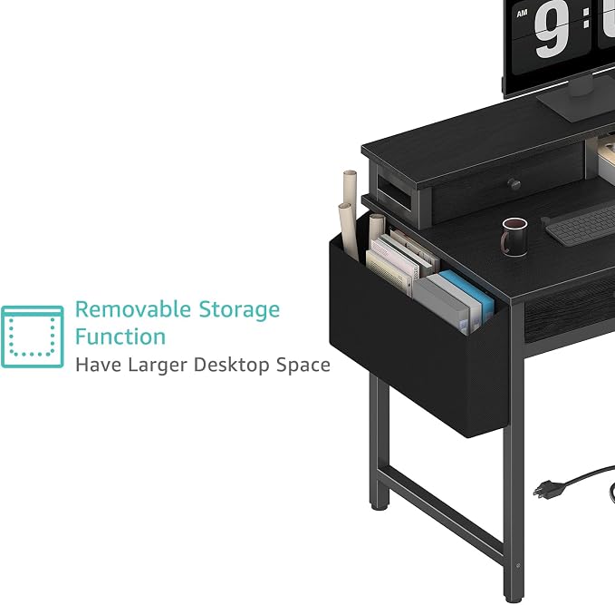 Lufeiya Small Desk with Drawers for Home Office Bedroom, 31 inch Black Writing Study Desks with Fabric Drawers Storage, Gaming Desk Table with Power Outlet & Monitor Stand, Black