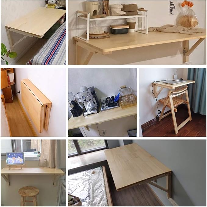 MM MELISEN Wood Folding Desk - Natural 29.5x19.6 Inch Wall Mount Fold-Down Table for Small Spaces. Perfect as a Kitchen prep spot, Craft Station, or Bedroom Desk. Easy Install, Sturdy, Folds Away