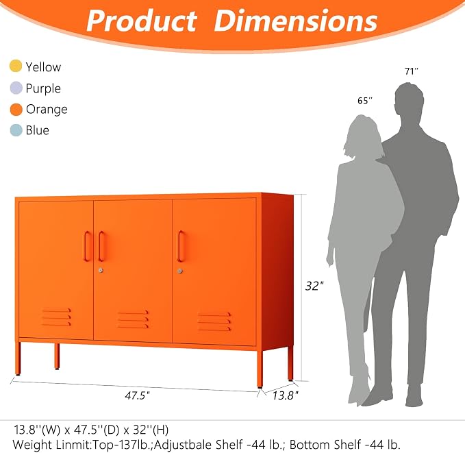 32" Orange 3 Door Lockable Metal Cabinet, Freestanding Multipurpose Heavy Duty Storage Locker with Adjustable Shelves for Home Office Kitchen Living Room Bedroom