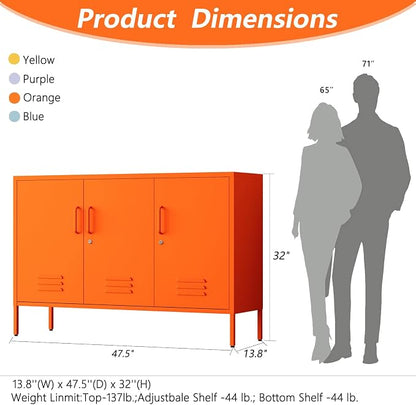 32" Orange 3 Door Lockable Metal Cabinet, Freestanding Multipurpose Heavy Duty Storage Locker with Adjustable Shelves for Home Office Kitchen Living Room Bedroom
