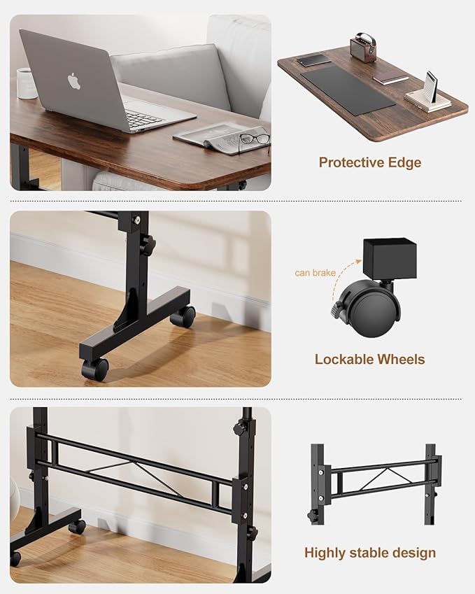 Amztabler Small Standing Desk Adjustable Height, Mobile Stand Up Desk with Wheels, 32 Inch Portable Rolling Desks Conference Room Tables for Walking Pad Treadmill Wood Rustic