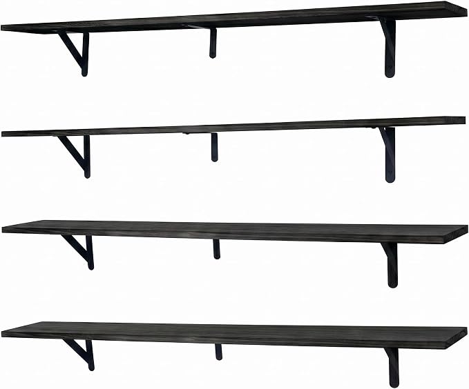 Long Wall Shelf,Large Floating Shelves for Wall,Wood Floating Bookshelves Hanging,Book Storage Display for Living Room Bedroom Office Bathroom Decor,4 Pack,47 Inch,Rustic Black