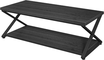 Coffee Table for Living Room, 2 Tier Rectangular Tea Table, Industrial Center Table forBedroom Home Office, Black,47 Inch