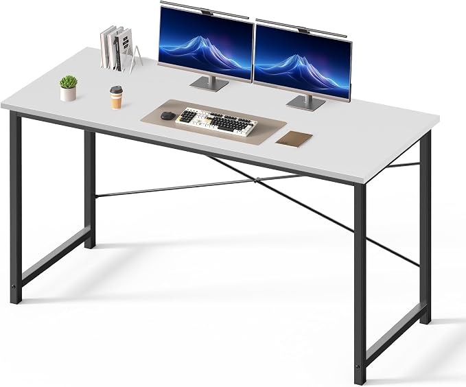 Sweetcrispy Small Computer Desk, 55" Office Writing Desk with Metal Frame & Wooden Tabletop, X-Shaped Reinforcement, Student Study Workstation for Home Bedroom, White