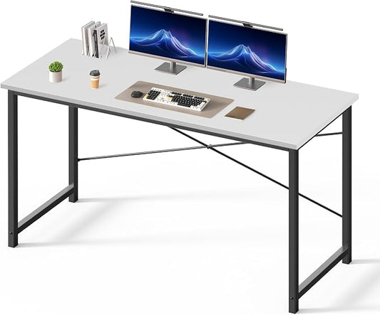 Sweetcrispy Small Computer Desk, 55" Office Writing Desk with Metal Frame & Wooden Tabletop, X-Shaped Reinforcement, Student Study Workstation for Home Bedroom, White