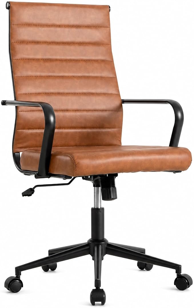 Okeysen Leather Office Desk Chair, Mid-Century Modern Leather Conference Room Chairs, Ergonomic Executive Ribbed Height Adjustable Swivel Rolling Chair for Home Office.