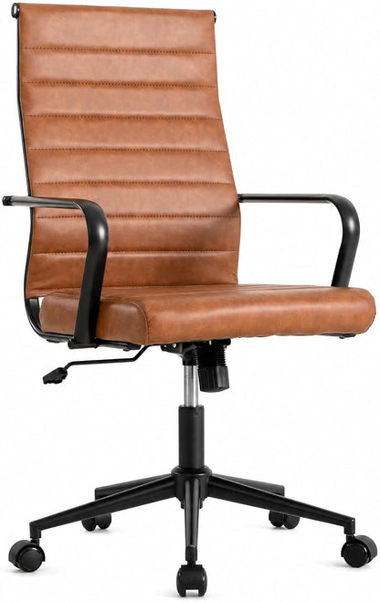 Okeysen Leather Office Desk Chair, Mid-Century Modern Leather Conference Room Chairs, Ergonomic Executive Ribbed Height Adjustable Swivel Rolling Chair for Home Office.