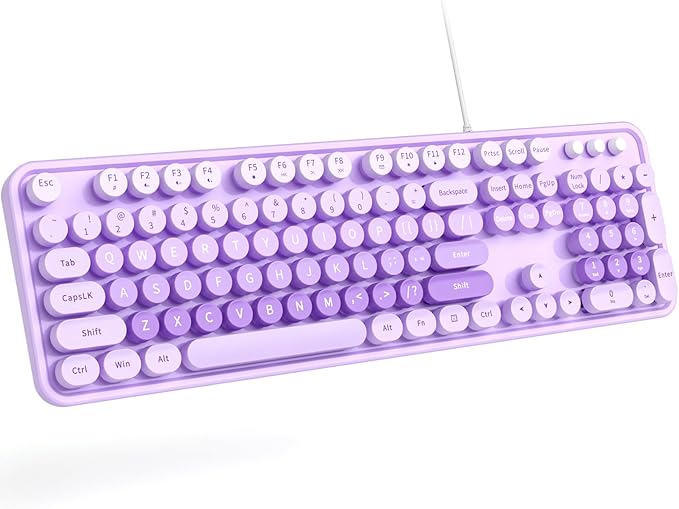MOWUX Computer Keyboard Wired, Plug and Play USB Retro Round Typewriter Keyboard, Full Size Wired Keyboard with Foldable Stands for Laptop and Office PC- Purple with Large