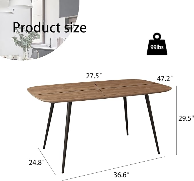 HIPIHOM 47.2'' Modern Farmhouse Dining Table, Wooden Rectangular Dining Table with Metal Legs for 4-6 People for Dining Room, Kitchen, Living Room (Walnut Color Table, 47.2")