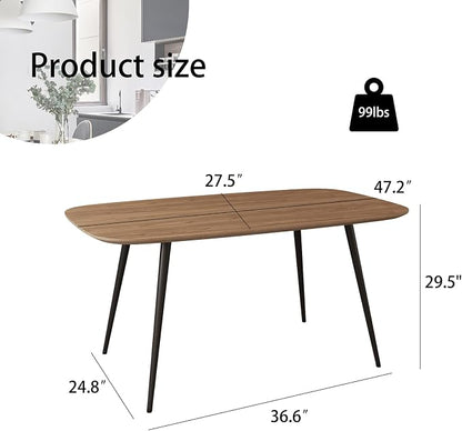HIPIHOM 47.2'' Modern Farmhouse Dining Table, Wooden Rectangular Dining Table with Metal Legs for 4-6 People for Dining Room, Kitchen, Living Room (Walnut Color Table, 47.2")