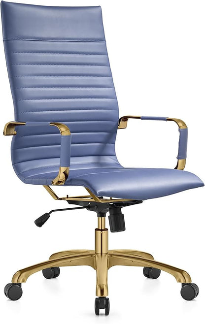 LeisureMod Harris High-Back Task Office Chair - Modern Leather Upholstery with Gold Frame, Ribbed Design 360 Degree Adjustable Swivel for Home, Office, and Study Room