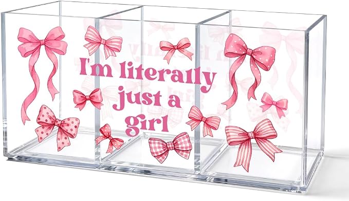 Just a Girl Acrylic Pen Holder, 3 Slot Pink Bow Desk Organizer | Cute pink bow acrylic organizer with 3 clear slots, keeps makeup, pens and remotes tidy; a sweet desk gift for teen girls.
