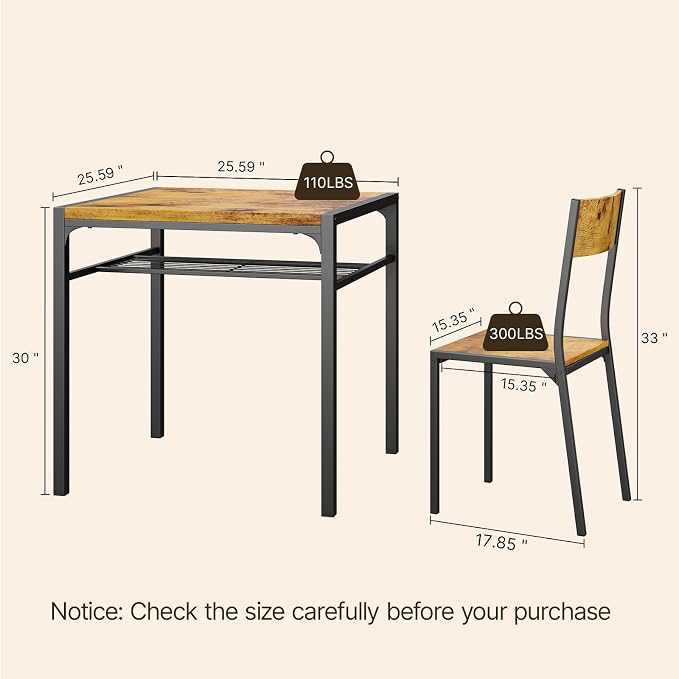 Gizoon Dining Table Set for 2, 3 Piece Kitchen Table with 2 Chairs for Small Space, Apartment, Kitchen, Dining Room, Space-Saving
