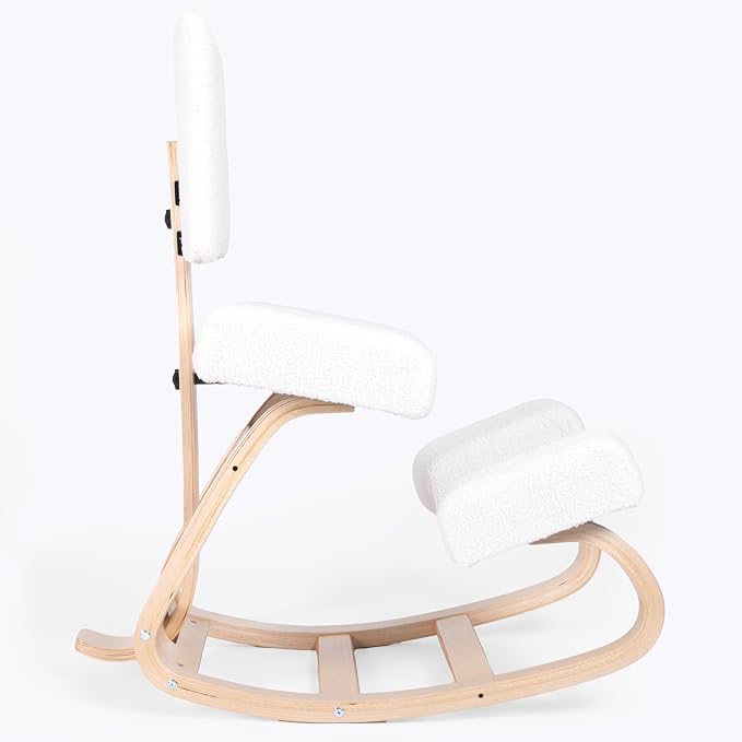 Sleekform East Austin Ergonomic Kneeling Chair with Back Support - Boucle and Wood Ergo Stool for Desk - Best Ergonomic Kneeling Office Chair for Posture and Leg Circulation