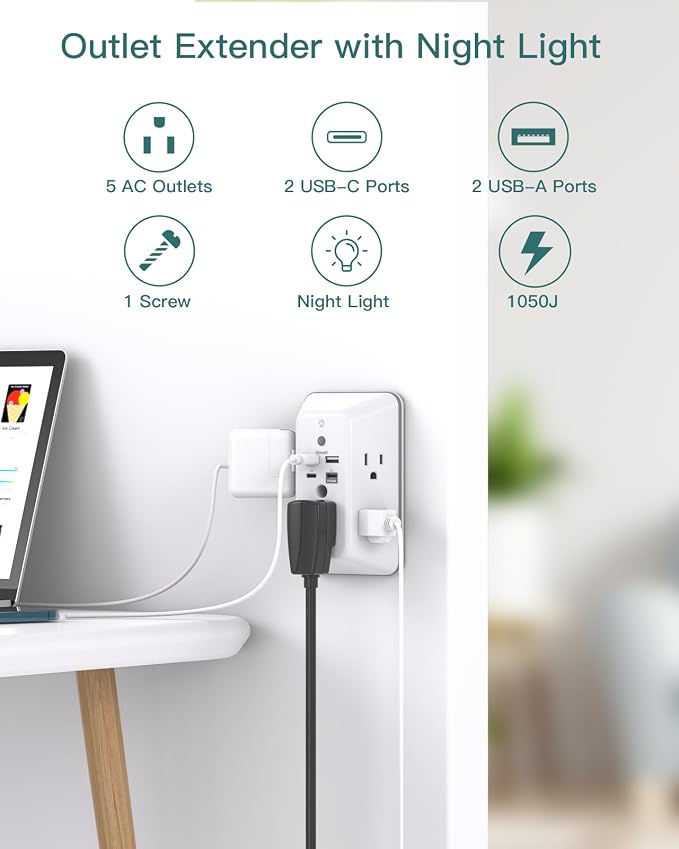 Addtam Surge Protector Outlet Extender, Plug Extension Outlet with Night Light, 5-Outlet Splitter and 4 USB Ports(PD 30W), Multi Plug Wall Outlet for Home Office Dorm Room Essentials