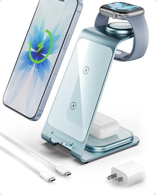 Intoval Aluminum 3 in 1 Wireless Charging Station for iPhone 17 16 15 14 13 12 11 Pro Max XR, Wireless Charger for Apple Watch 11 10 9 8 7 Ultra SE 3 2, Phone Charger for AirPods 4 Pro 2 3 (Blue)