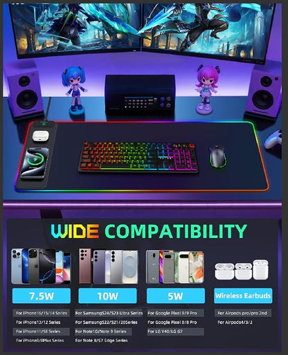 Upgraded Mouse Pad with Wireless Charging, RGB Gaming Desk Mat, 31.5"x15.7" Large XXL Desk Pad, 15 Light Modes, Ultra-Smooth Surface, Non-Slip Mouse Mat, Waterproof Computer Keyboard Pad, Black