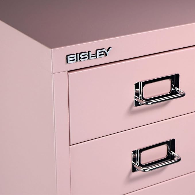 Bisley 6-Drawer Steel MultiDrawer Cabinet - Palest Pink | Chrome Pull Handles with Label Holders, Powder-Coated Steel, Removable Drawers, Fits Under Most Desks, Labels Included