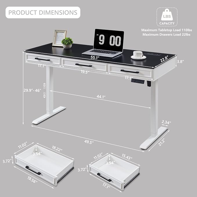 Electric Standing Desk with 3 Storage Drawers, 55x22 Inch Wood Adjustable Height Computer Desk w/One-Piece Desktop, Sit to Stand Up,Power Outlets, Gaming Table for Home Office and Study, White