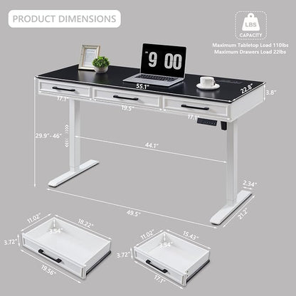 Electric Standing Desk with 3 Storage Drawers, 55x22 Inch Wood Adjustable Height Computer Desk w/One-Piece Desktop, Sit to Stand Up,Power Outlets, Gaming Table for Home Office and Study, White