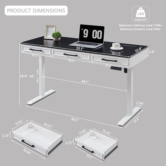 Electric Standing Desk with 3 Storage Drawers, 55x22 Inch Wood Adjustable Height Computer Desk w/One-Piece Desktop, Sit to Stand Up,Power Outlets, Gaming Table for Home Office and Study, White