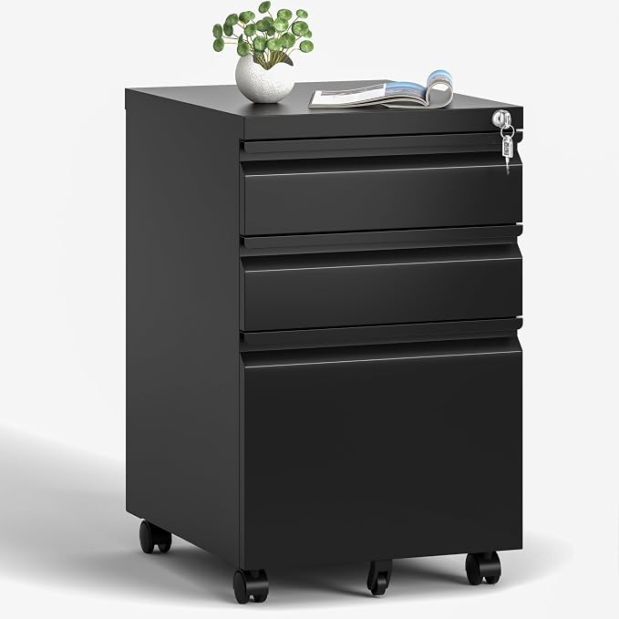 3 Drawer File Cabinet, Vertical File Cabinets with Lock for Home Office,Heavy Duty Office Steel Filing Cabinet for Hanging Letters/Legal/A4, Assembly Required (Black)