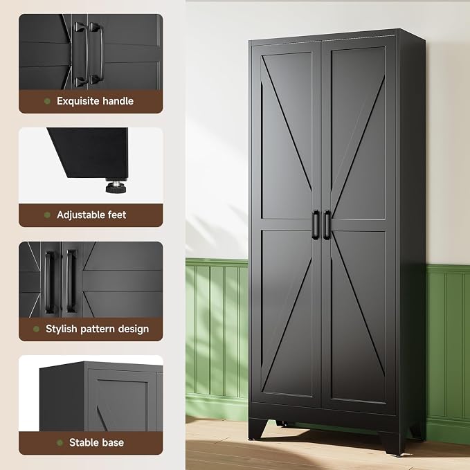 Letaya 75" H Metal Storage Cabinet with 2 Doors and 4 Shelves,Tall Kitchen Pantry Cabinets,Farmhouse Utility Pantry Organizers for Cupboard/Dining/Bathroom/Home Office/Garage Room,Black