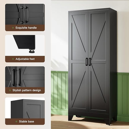 Letaya 75" H Metal Storage Cabinet with 2 Doors and 4 Shelves,Tall Kitchen Pantry Cabinets,Farmhouse Utility Pantry Organizers for Cupboard/Dining/Bathroom/Home Office/Garage Room,Black