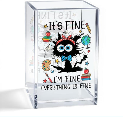 It's Fine I'm Fine Everything Is Fine Acrylic Organizer Pencil Pen Holder, Funny Cat Desk Organizer, Sarcastic Office Decor Gifts for Women Coworker, Back to School Gifts for Student Teacher
