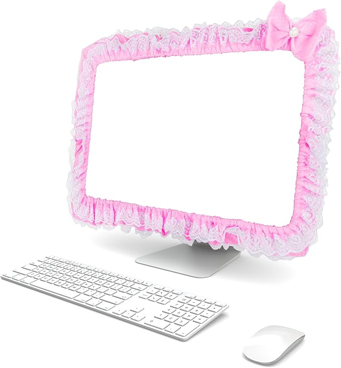 Cute Pink Lace 23"-27" Computer Monitor Screen Dust Cover with Bowknot | Lovely Pink Bow | Lace Trim | Adjustable Elastic Band