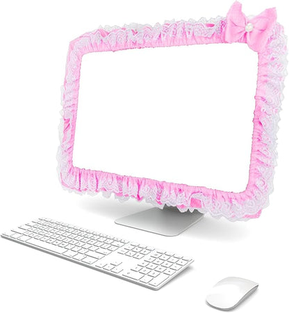 Cute Pink Lace 23"-27" Computer Monitor Screen Dust Cover with Bowknot | Lovely Pink Bow | Lace Trim | Adjustable Elastic Band