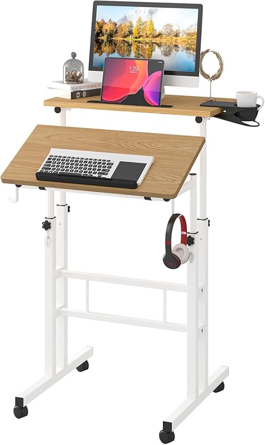 Small Standing Desk with Removable Cup Holder, Height Adjustable Mobile Laptop Stand on Wheels, Ergonomic Rolling Computer Workstation for Home Office, Portable Overbed Table for Couch & Bed, Khaki