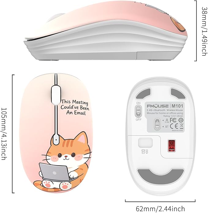 FMOUSE Cute Wireless Mouse, Bluetooth 2.4GHz Dual Mode with USB Receiver, Silent Click, AA Battery Powered, for Office Women Work Desk, Compatible with Laptop Mac iPad PC (Workaholic Cat)