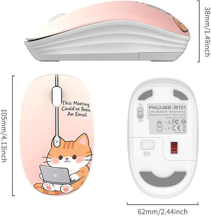 FMOUSE Cute Wireless Mouse, Bluetooth 2.4GHz Dual Mode with USB Receiver, Silent Click, AA Battery Powered, for Office Women Work Desk, Compatible with Laptop Mac iPad PC (Workaholic Cat)