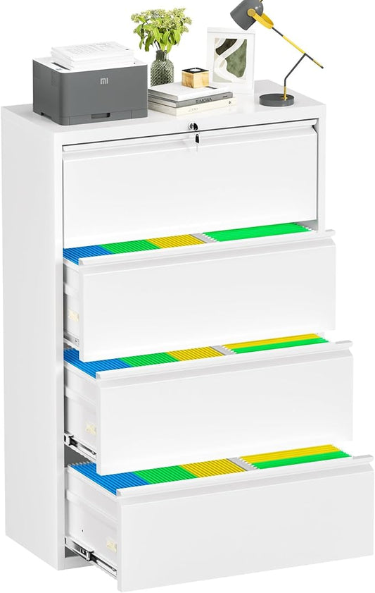 Bonusall 4 Drawer Lateral File Cabinet with Lock, Locking Metal lateral Filing Cabinet for Office Steel lateral File Cabinet, Large Horizontal File Cabinet Locked by Keys-White