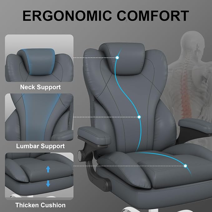 Office Chair, Home Desk Chair, Ergonomic Computer Chair with Lumbar Support, Executive Leather Chair with Flip-Up Armrests, Big and Tall Swivel Rolling Chair, Grey