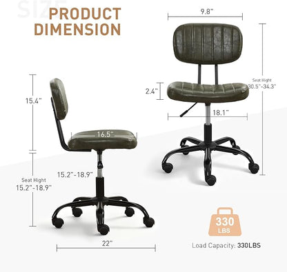 DRMBOOK Small Home Office Desk Chair with Wheels, Armless Comfy Vanity Chair Swivel Computer Task Chair No Arms, Modern Height Adjustable Low Back Rolling Chair for Small Space (PU Leather Green)