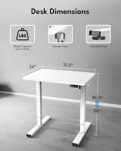 Standing Desk, Height Adjustable Electric Stand up Desk, 31.5 x 24 Inches Sit Stand Home Office Desk with Splice Board, White Frame/White Top