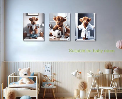 Highland Cow Funny Bathroom Wall Art Set of 3 Brown Cute Cow Animal Canvas Posters Prints Vintage Rustic Farmhouse Home Pictures Wall Decor Painting for Bathroom Restroom 16x24Inch Framed
