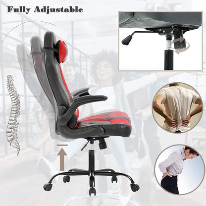 PC Gaming Chair Ergonomic Office Chair Desk Chair with Lumbar Suport Flip Up Arms Headrest Adjustable PU Leather Executive High Back Computer Chair for Women Men Adults,Red