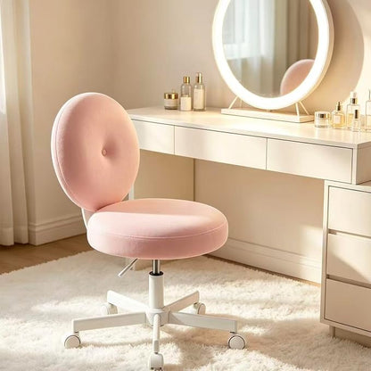 Furniliving Round Velvet Vanity Chair with Wheels, 360° Swivel Armless Desk Chair, Adjustable Height Rolling Makeup Chair for Bedroom Study Room, Pink