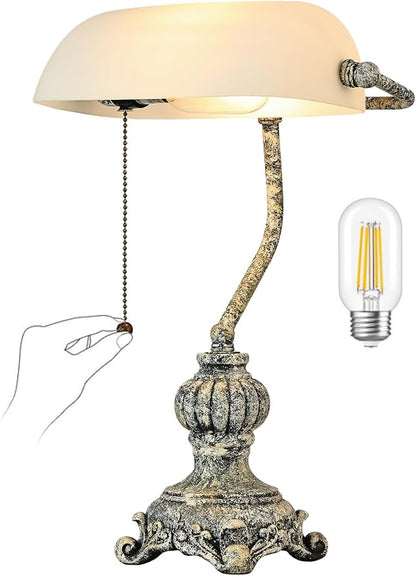 Retro White Matted Glass Bankers Desk Lamp,LED Bulb Included | for Home Office,Library with Pull Chain Switch Plug in Fixture