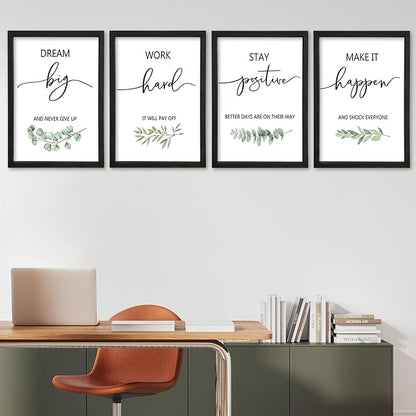 Inspirational Quote Wall Art 11x16–Motivational Office Decor,Wood Frame 4Pc | Positive Family Encouragement Black Wooden Framed Signs Set of 4