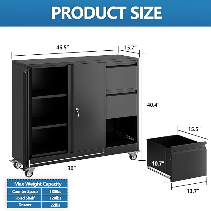 pozdeg Lockable Lateral File Cabinet with Gooseneck Handle, 3 Drawer Mobile Rolling File Cabinet with Wheels, Anti-Rust Sturdy Steel Cabinet for Home Office Workspace Organization (Black)