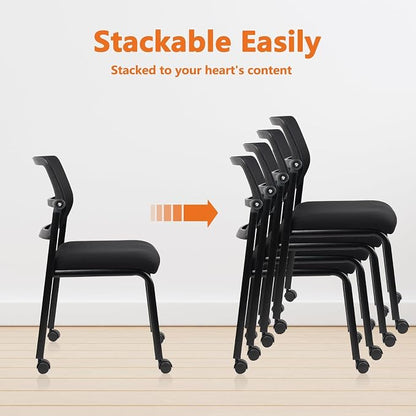CLATINA Stackable Mesh Office Chair with Wheels Armless Guest Waiting Stacking Chair with Ergonomic Lumbar Support & Leather Seat Cushion, for Conference, Lobby, School, Reception, Black 4Pack